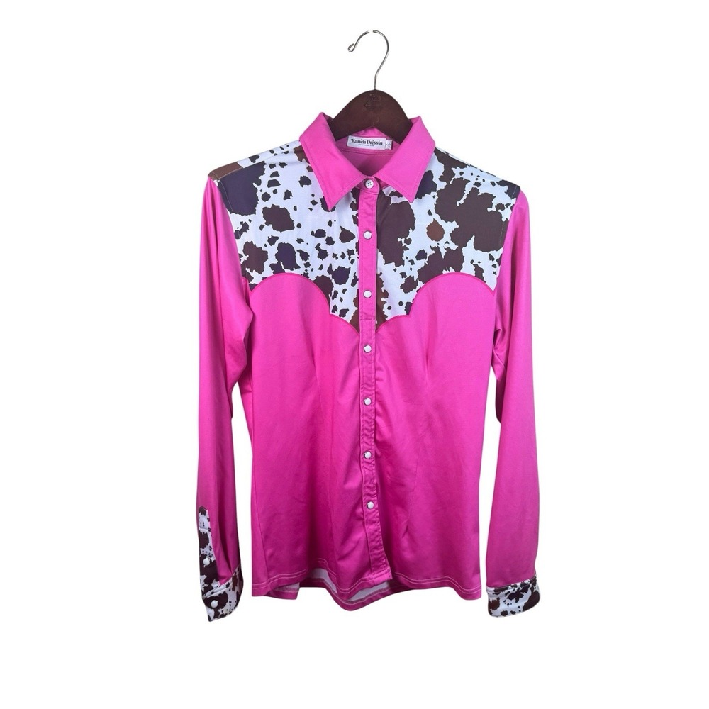 Ranch Dressn Pink White Cow Print Performance Rodeo Pearl Snap Western Shirt